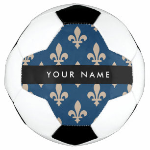 Fleur de Lis, Beige on Navy Blue, Royal, Your Name Soccer Ball
