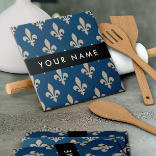 Fleur de Lis, Beige on Navy Blue, Royal, Your Name Tile