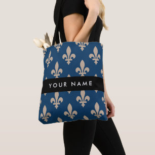 Fleur de Lis, Beige on Navy Blue, Royal, Your Name Tote Bag