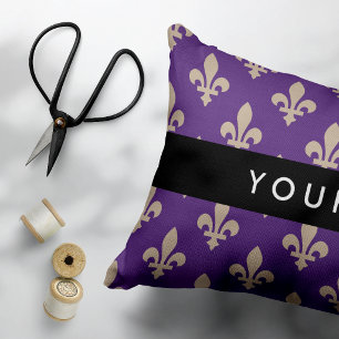 Fleur de Lis, Beige on Purple, Royal, Your Name Accent Pillow