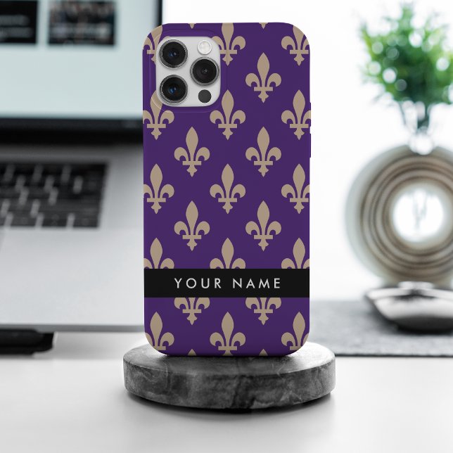 Fleur de Lis, Beige on Purple, Royal, Your Name Case-Mate iPhone Case (Creator Uploaded)