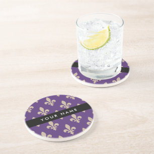 Fleur de Lis, Beige on Purple, Royal, Your Name Coaster