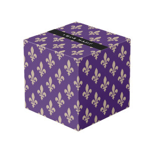 Fleur de Lis, Beige on Purple, Royal, Your Name Cube