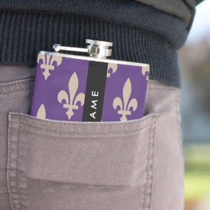 Fleur de Lis, Beige on Purple, Royal, Your Name Hip Flask