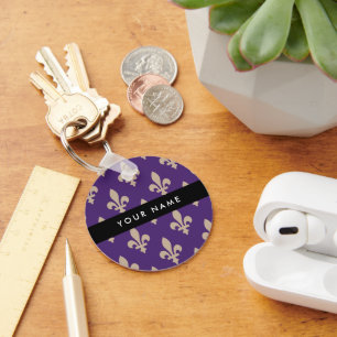 Fleur de Lis, Beige on Purple, Royal, Your Name Keychain