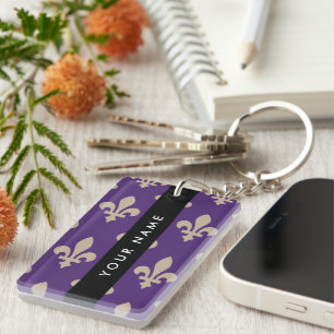 Fleur de Lis, Beige on Purple, Royal, Your Name Keychain