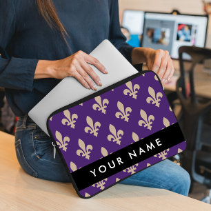 Fleur de Lis, Beige on Purple, Royal, Your Name Laptop Sleeve