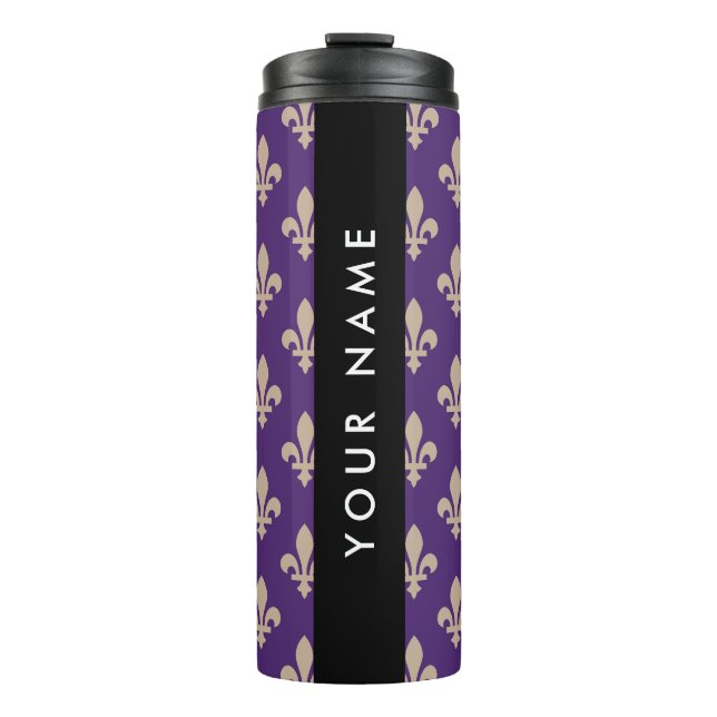 Fleur de Lis, Beige on Purple, Royal, Your Name Thermal Tumbler (Front)