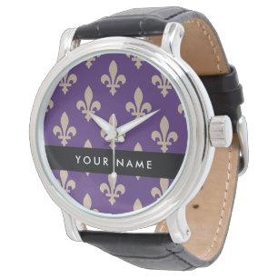 Fleur de Lis, Beige on Purple, Royal, Your Name Watch