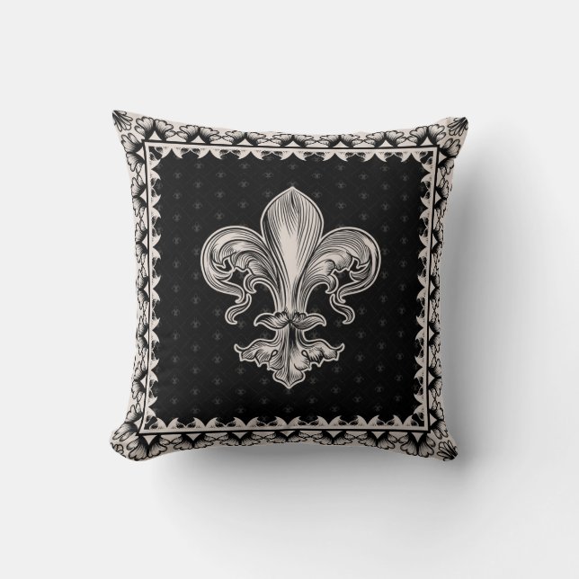 Fleur-de-lis - Black and Cream Throw Pillow (Front)