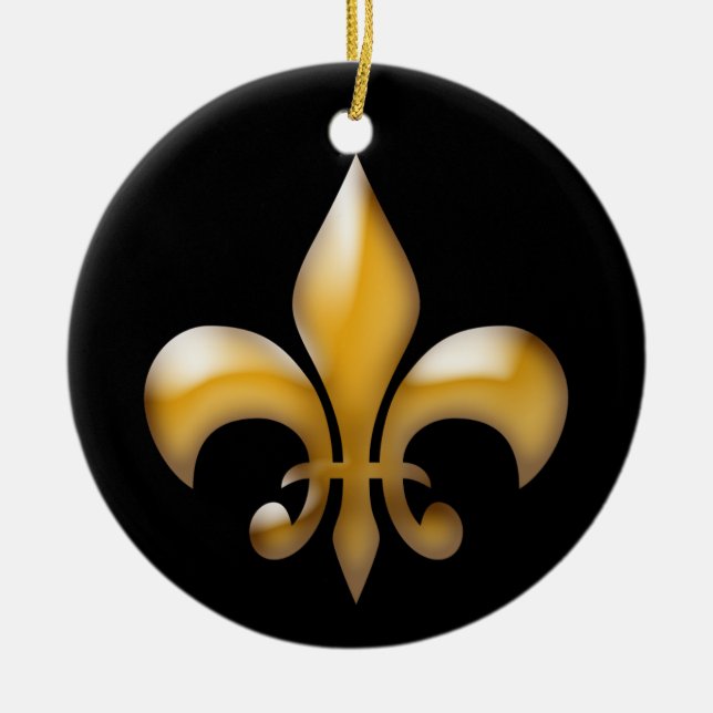 Fleur de Lis Black and Gold Christmas Ceramic Ornament (Front)
