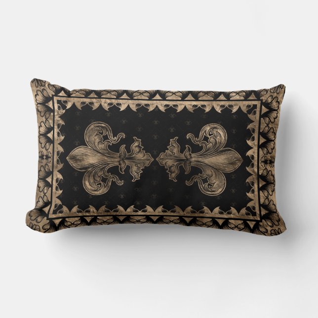 Fleur-de-lis - Black and Gold Lumbar Pillow (Front)