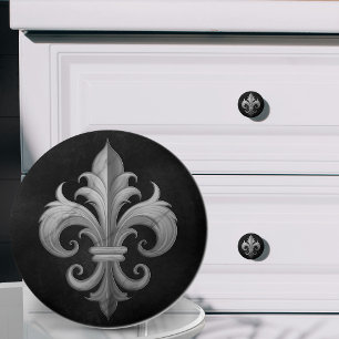 Fleur-De-Lis Black and white marble Ceramic Knob