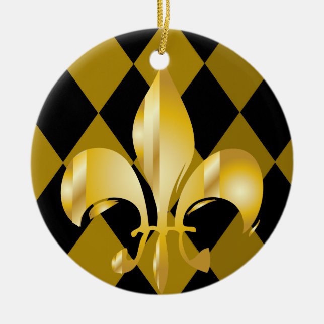 Fleur de Lis/black + gold Ceramic Ornament (Front)