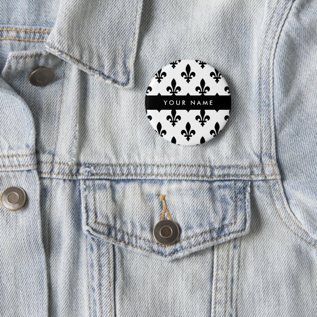 Fleur de Lis, Black on White, Black, Your Name 2 Inch Round Button (In Situ)