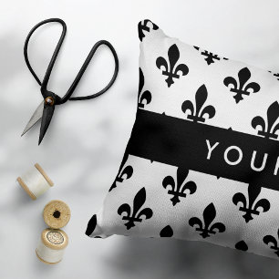 Fleur de Lis, Black on White, Black, Your Name Accent Pillow