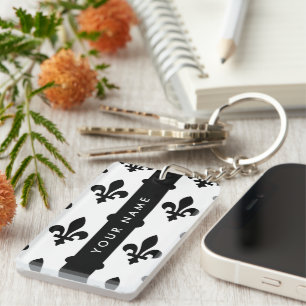 Fleur de Lis, Black on White, Black, Your Name Keychain