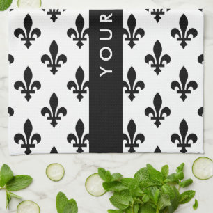 Fleur de Lis, Black on White, Black, Your Name Kitchen Towel