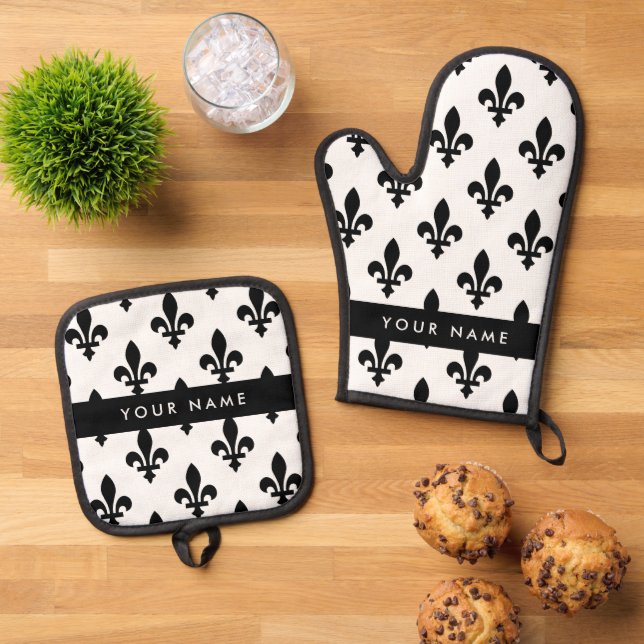 Fleur de Lis, Black on White, Black, Your Name Oven Mitt & Pot Holder Set (Top Down)