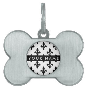 Fleur de Lis, Black on White, Black, Your Name Pet ID Tag