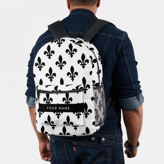 Fleur de Lis, Black on White, Black, Your Name Printed Backpack (Insitu (Model))