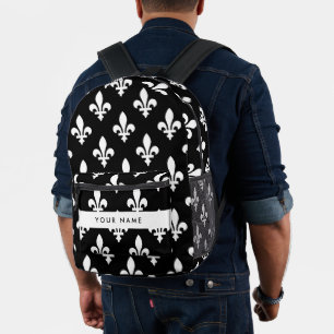 Fleur de Lis, Black on White, Black, Your Name Printed Backpack