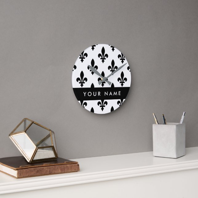 Fleur de Lis, Black on White, Black, Your Name Round Clock (Office)