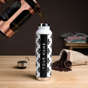 Fleur de Lis, Black on White, Black, Your Name Water Bottle