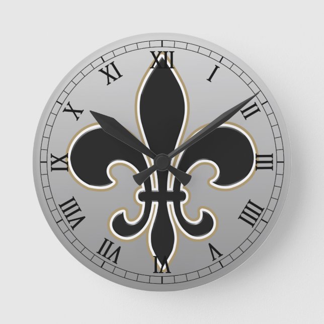 Fleur de Lis Black with White and Gold Round Clock (Front)