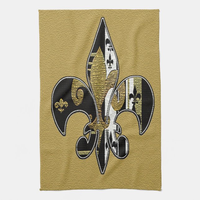 Fleur de lis bling serviette noire, blanche et or (Vertical)
