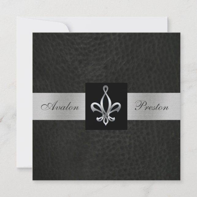 Fleur De Lis Blk Faux Cuir Monogramme Invitation (Devant)