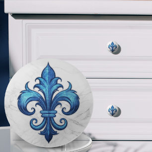 Fleur-De-Lis Blue and white marble Ceramic Knob