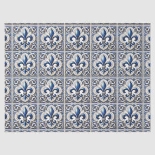 Fleur De Lis Blue and White Tile Pattern Decoupage Tissue Paper