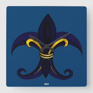 Fleur de Lis Blue/Gold Square Wall Clock