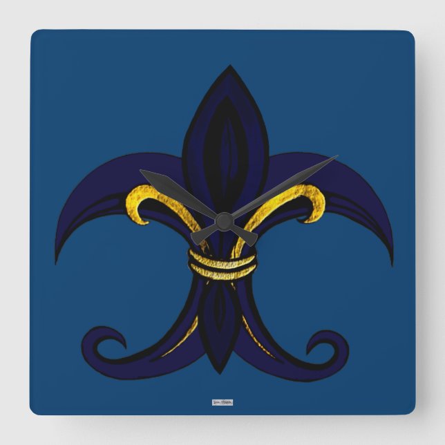 Fleur de Lis Blue/Gold Square Wall Clock (Front)
