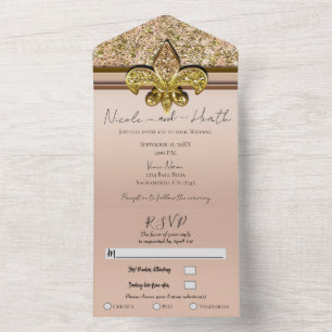 Fleur-de-lis Blush Pink Gold Glitter Glam Wedding All In One Invitation