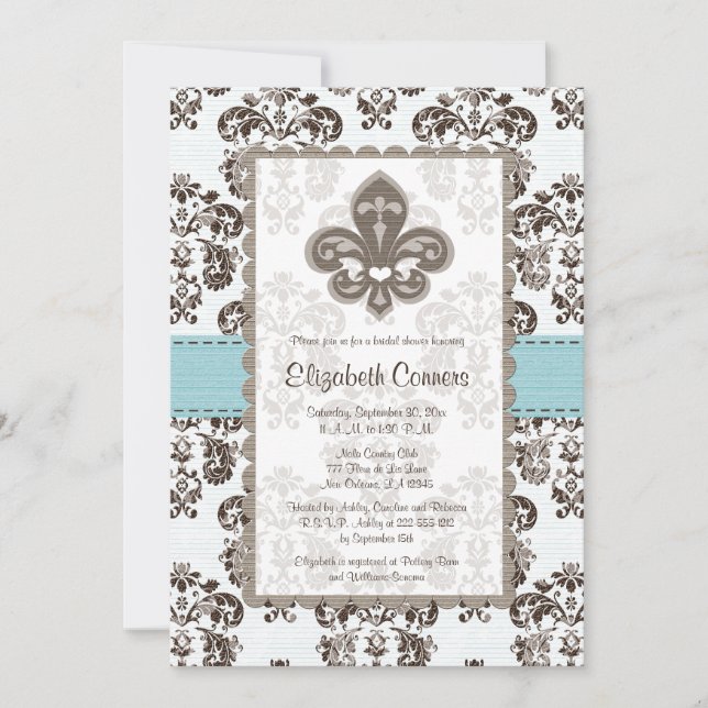 Fleur de Lis Bridal Shower Invitations Blue (Front)