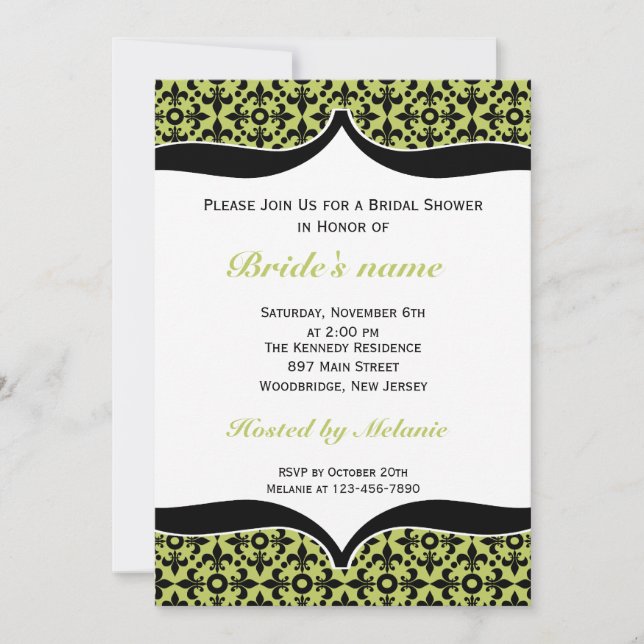 Fleur De Lis Bridal Shower Invitations-Green Invitation (Front)