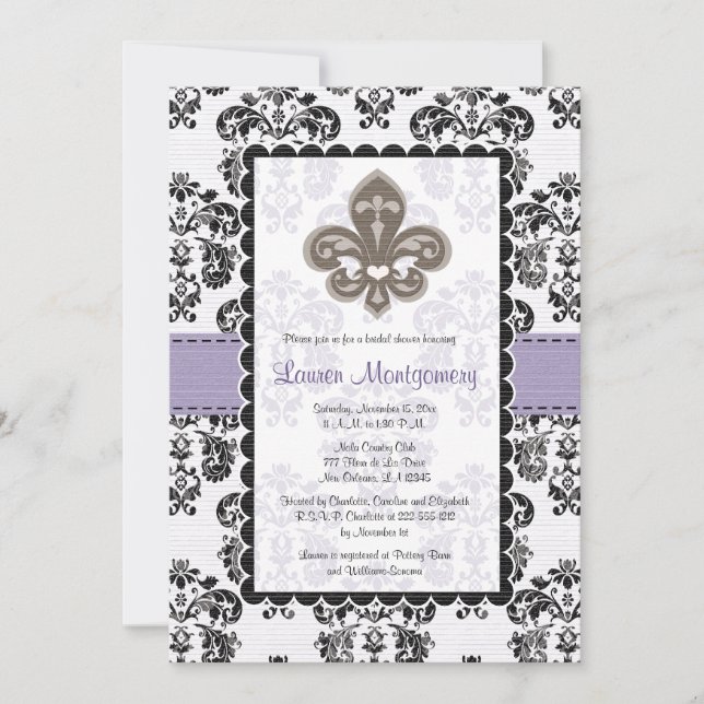 Fleur de Lis Bridal Shower Invitations Purple Gold (Front)