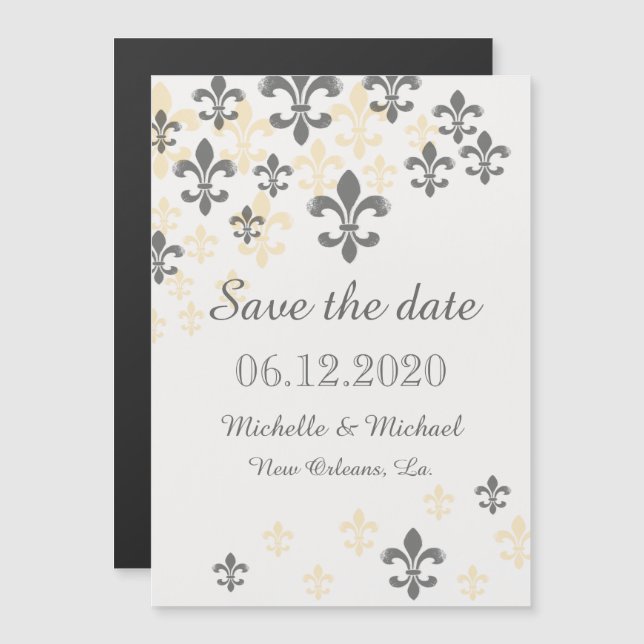 Fleur de Lis Cascade Magnetic Save the Date Black Invitation (Front/Back)