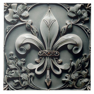 Fleur de Lis Charcoal Grey Dark Grey Faux Relief Tile