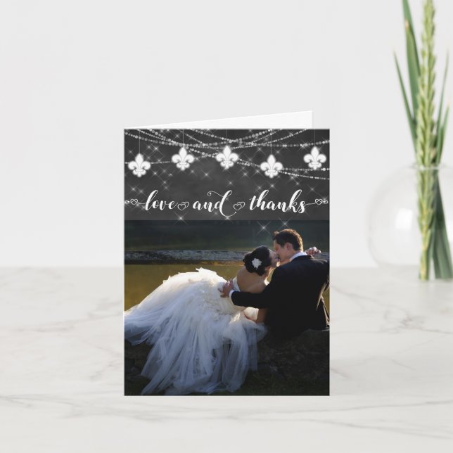 Fleur de Lis Charcoal Lights | Photo Heart Love Thank You Card (Front)