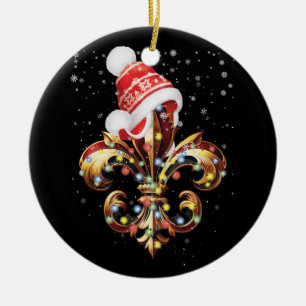 Fleur De Lis Christmas Ornament With Santa Hat Xma