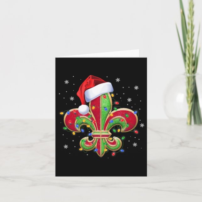 Fleur De Lis Christmas Ornament With Santa Hat Xma Card (Front)