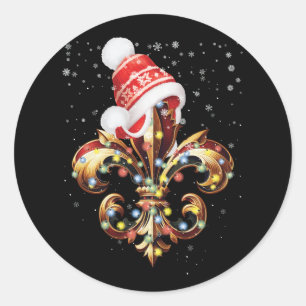 Fleur De Lis Christmas Ornament With Santa Hat Xma Classic Round Sticker
