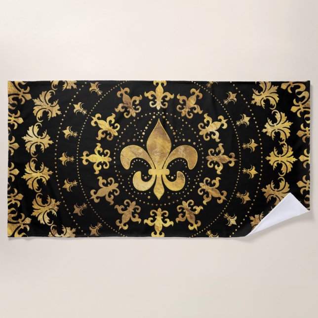 Fleur-de-lis - circular ornament - Gold and black Beach Towel (Front)