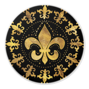 Fleur-de-lis - circular ornament - Gold and black Ceramic Knob