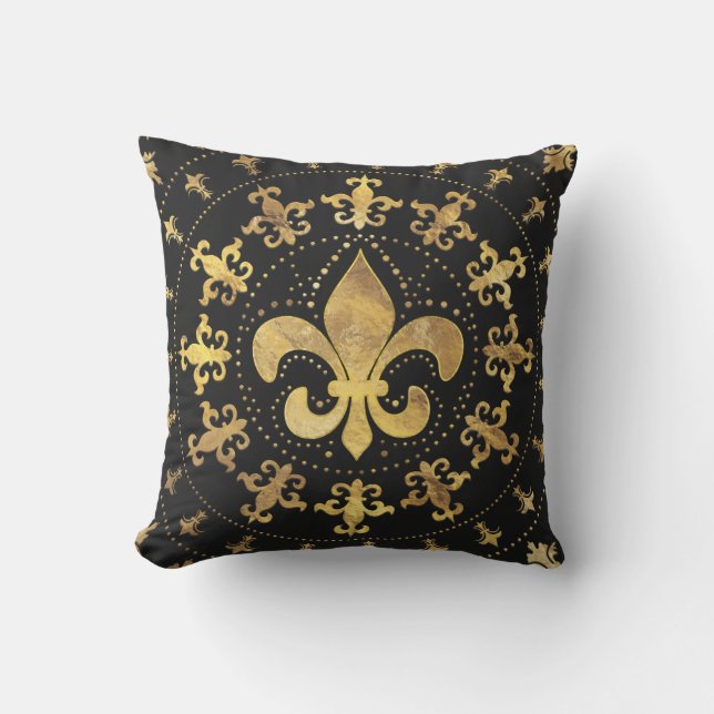 Fleur-de-lis - circular ornament - Gold and black Outdoor Pillow (Front)