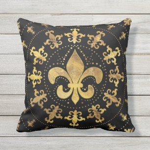 Fleur-de-lis - circular ornament - Gold and black Outdoor Pillow