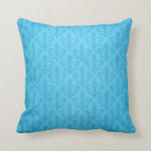 Fleur de lis damask blue throw pillow